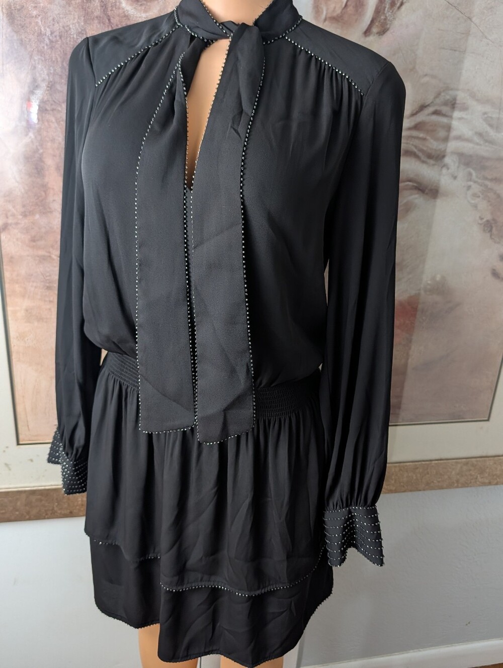 White House Black Market Beaded Smocked Blouson Dress Black Long Sleeve Size XS
